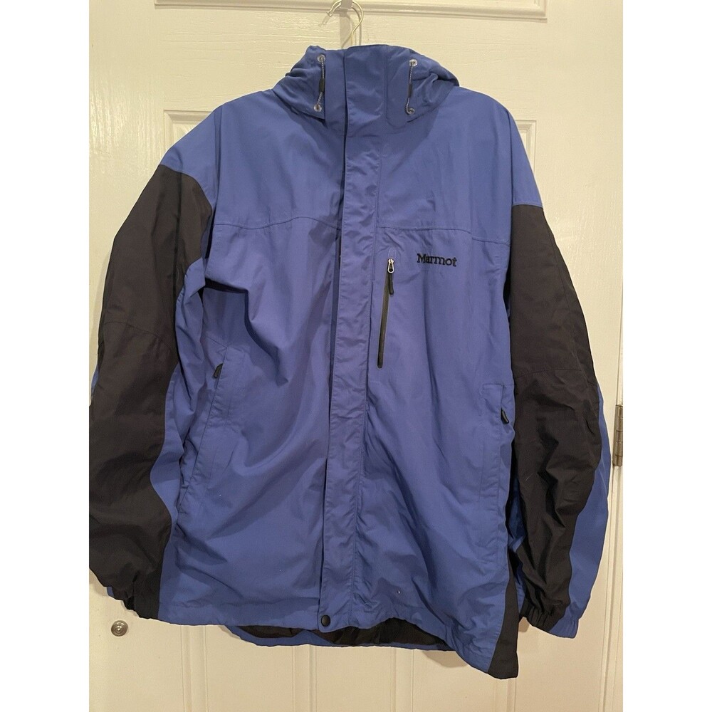 Marmot Blue Ski Jacket Men's Size XL Hooded Lined Dbl Zip Pockets Snowskirt